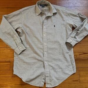 Ralph Lauren brown‎ neutral checked long sleeve button up shirt SIZE M